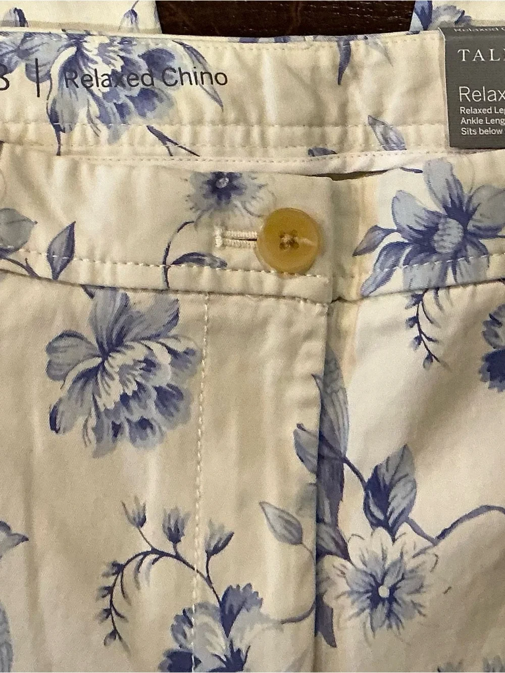 NWT Talbots Relaxed Chino Blue Floral Bird Toile Pants Size 8